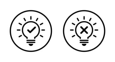 Light bulb check and cross mark icon on circle line. Business lamp with checkmark and x sign symbol vector
