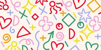 Abstract Colorful Shapes Pattern Hearts, Stars, Plus Signs, Geometric Design vector