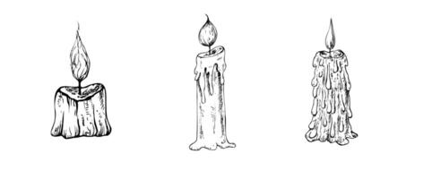 set of candles with wick and wax. Hand painted linear candlelight illustration style for Christmas or birthday design. Graphic monochrome sketch isolated on background. For designers, prints vector