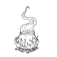 Mystical cauldron glowing with magical fire. Hand painted linear wizard halloween illustration. Graphic magic monochrome sketch isolated on background. For designers, prints, logo, icon, menu vector