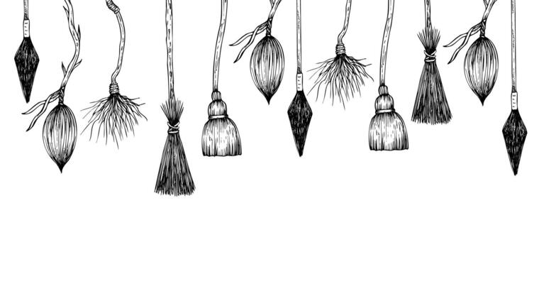 flying witch's brooms banner, frame. Hand painted linear wizard halloween illustration. Graphic monochrome sketch isolated on background. For designers, prints, logo, icon, menu, postcards