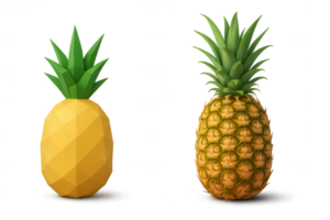 Comparing a realistic pineapple with its low poly version on transparent background png