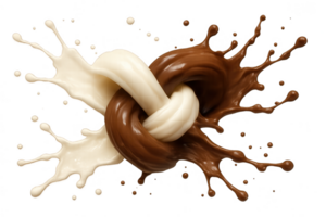 Milk chocolate and white chocolate splashing and making a knot on transparent background png