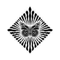 Monochrome butterfly design with radial lines in a diamond shape on white background. vector