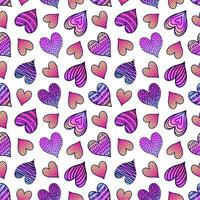 Seamless pattern with colorful hearts in doodle style on white background. vector