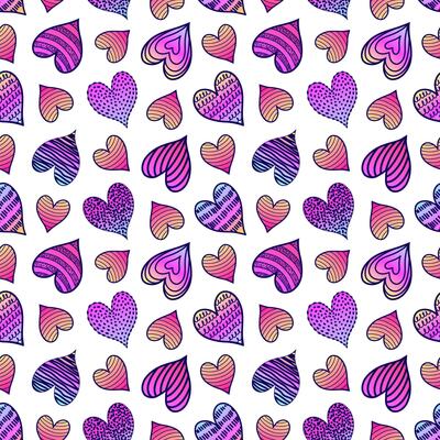 Seamless pattern with colorful hearts in doodle style on white background.