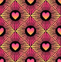 Seamless pattern with red gradient hearts and gradients rays in black background. vector