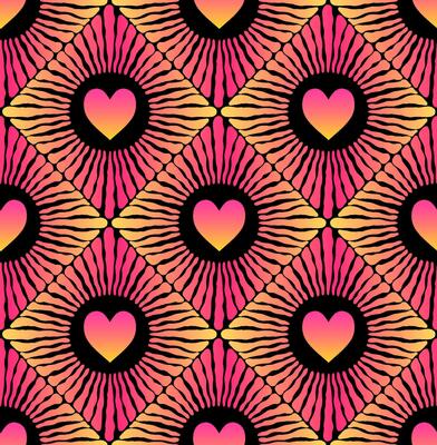Seamless pattern with red gradient hearts and gradients rays in black background.