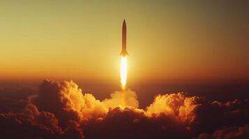 Upward rocket soars through an orange sky, piercing fluffy clouds with its fiery engine photo