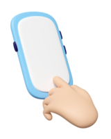 3d cartoon hand holding smartphone isolated. hand using mobile phone, screen phone template, empty screen phone mockup, minimal concept, 3d render illustration png