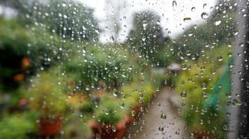 Nostalgic view of an old radio, with rain streaming down the window creating a blurred bokeh effect, evoking a calm and reflective atmosphere. photo