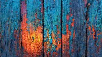 Distressed Wood Texture A vibrant aged wooden surface featuring layers of turquoise and orange peeling paint, providing a unique abstract background photo