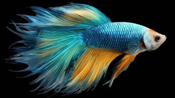 Vibrant Siamese Fighting Fish swimming elegantly showing off its flowing fins, displaying colors of blue and yellow in contrast to a black background. photo