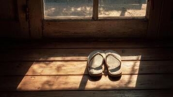 Warm sunlight falls on aged wooden floor where pair of sandals rest near window, creating a cozy, inviting, and relaxing natural light image. photo