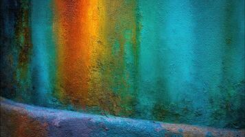 Abstract oxidized copper wall displaying streaks of vibrant orange, yellow, and teal with a textured surface, suggesting age and artistic decay. photo