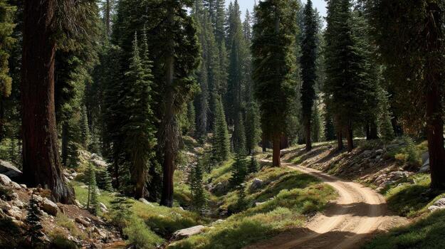 Sunbeams illuminate a winding trail through a tranquil evergreen forest, casting a serene and inviting ambiance in the wooded landscape environment. photo