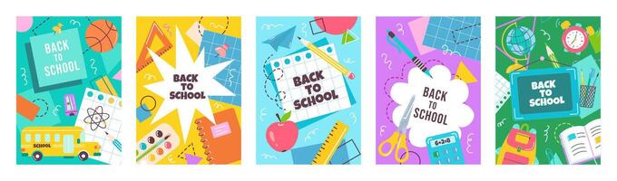 posters big set in modern style with geometric shapes, design elements on school themes. Back to school, education concept vector