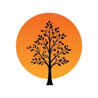 A minimalist depiction showcasing the black silhouette of a tree with sparse foliage, positioned against a vivid circle, evoking the ambiance of a sunset or the essence of autumn. vector