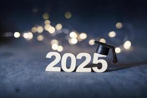 Number 2025 with graduation cap on dark background with bokeh. Class of 2025 concept photo