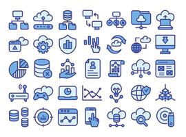 Database blue color outline icons set.Data analysis, statistics,web signs. illustration vector