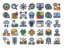 Database filled outline icons set.Data analysis, statistics, analytics web signs.Stock . vector