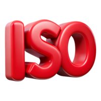 3D Rendering of ISO Text in Red, Illustrating Quality Standards and Certification png