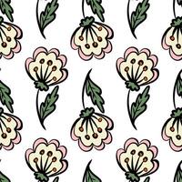 Seamless floral pattern with hand-drawn whimsical cream and pink flowers and green leaves, playful botanical design perfect for spring textiles, stationery, fabric, wallpapers, and wrapping paper vector