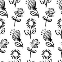 Seamless black and white floral pattern with whimsical hand-drawn flowers and leaves, ideal for coloring pages, textiles, wrapping paper, stationery, wallpaper, and digital design projects vector