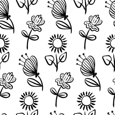 Seamless black and white floral pattern with whimsical hand-drawn flowers and leaves, ideal for coloring pages, textiles, wrapping paper, stationery, wallpaper, and digital design projects