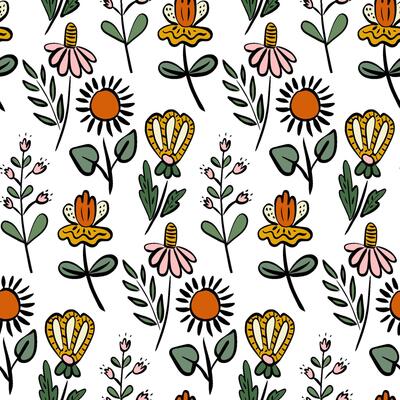 Hand-drawn floral seamless pattern with whimsical colorful flowers and green leaves in a playful doodle style, ideal for spring textiles, wallpapers, wrapping paper, and kids fabric designs