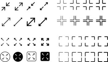 Full screen icon set. Expand size icons. Enlarge screen symbols. Trim view signs. arrows pointing outward expansion vector