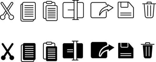 Cut, copy, paste, rename, share, save and delete icon. Document options icons. File option sign vector