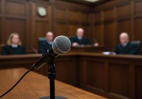 A microphone in front of a courtroom photo