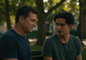 Two men sitting on a park bench talking photo