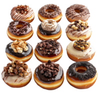 Assorted donuts with toppings displayed on transparent background png