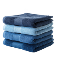 Stack of folded towels in blue tones on transparent background png