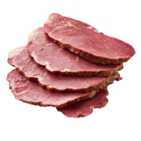 Sliced corned beef stack close up view on transparent background png