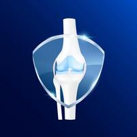 Leg knee joint with transparent glass shield in front on blue background. Vitamin D and minerals calcium magnesium protect bone cartilage. vector