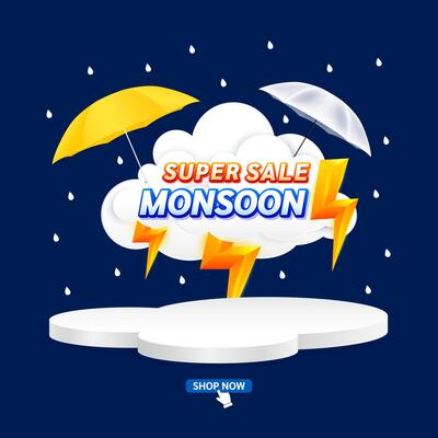 Monsoon super sale. With yellow thunder sign on clouds. Shopping under umbrella in rain. Special offer sale campaign or promotion. For social media and blank product rainbow podium scene.