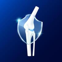 Leg knee joint with transparent glass shield in front on blue background. Vitamin D and minerals calcium protect bone cartilage. vector