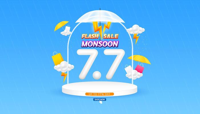 Monsoon super flash sale 7.7 UP TO 77 OFF with yellow thunder sign. Shopping under umbrella in rain with special offer campaign promotion. For social media ads blank product podium scene.