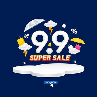 Monsoon super sale 9.9 with yellow thunder sign on clouds. Shopping under umbrella in rain. Special offer sale campaign or promotion. For social media and blank product rainbow podium scene.