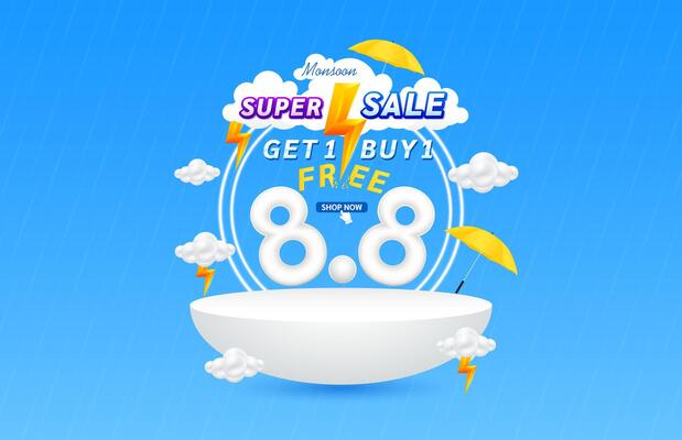 Monsoon super sale 8.8. Get 1 Buy 1 Free with yellow thunder sign on clouds. Shopping under umbrella in rain with special offer sale campaign promotion. Ads with blank product podium scene.