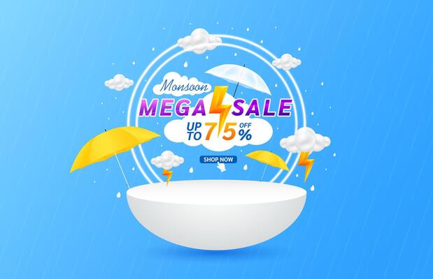 Monsoon flash sale 75 percent and yellow thunder on cloud. Shopping under umbrella in rain with special offer sale campaign promotion. For social media ads with blank product rainbow podium scene.