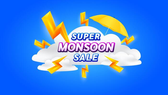 Super monsoon sale on clouds surrounded by orange lightning thunder. Shopping under umbrella in rain with special offer sale campaign promotion.