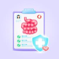 Medical document form board. Small intestine check up list for health doctor. Symbol cross in shield, red heart pulse line with check mark green button. Health care concept. 3d icon cartoon. vector