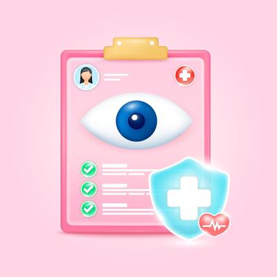 Medical document form board. Eye check up list for health doctor. Symbol cross in shield, red heart pulse line with check mark green button. Health care concept. 3d icon cartoon.
