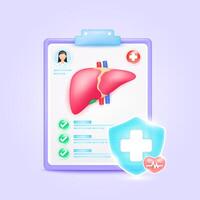 Medical document form board. Liver check up list for health doctor. Symbol cross in shield, red heart pulse line with check mark green button. Health care concept. 3d icon cartoon. vector