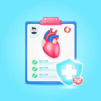 Medical document form board. Heart organ check up list for health doctor. Symbol cross in shield, red heart pulse line with check mark green button. Health care concept. 3d icon cartoon. vector