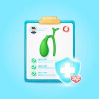 Medical document form board. Gallbladder organ check up list for health doctor. Symbol cross in shield, red heart pulse line with check mark green button. Health care concept. 3d icon cartoon. vector
